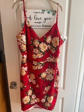 Red Floral Wrap-Style Mini Dress with Spaghetti Straps